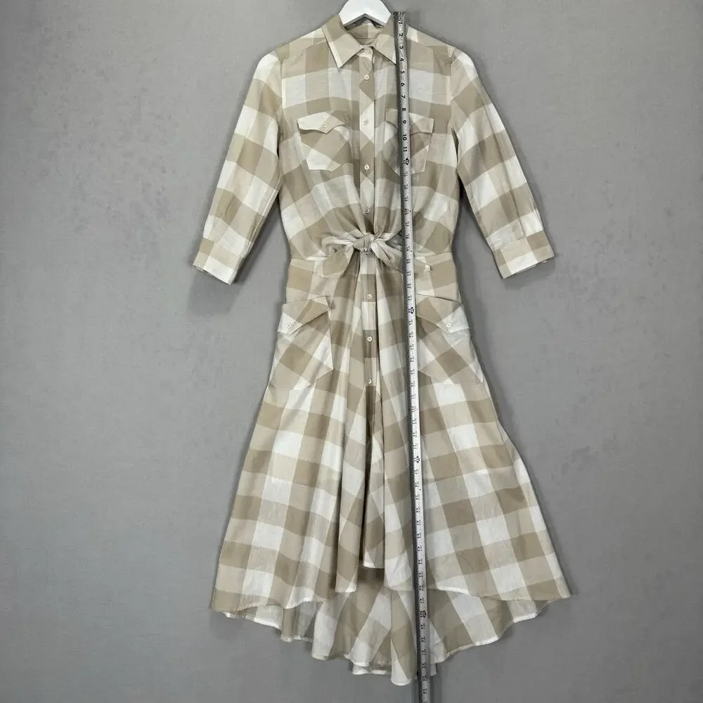 Sara Roka Drake Belted Dress‎ Womens 40 Beige Linen Gingham Shirt Midi Cottage